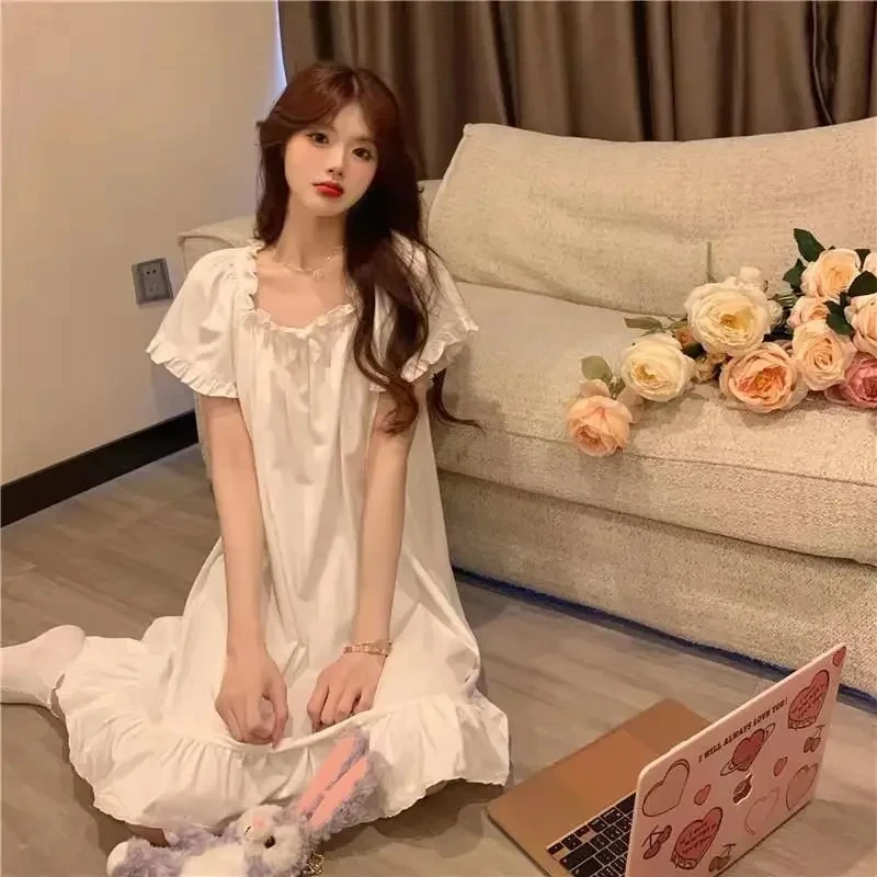 White Nightgowns Women Sweet Kawaii Girls Nightdress Princess Ruffles Square Collar Short Sleeve Summer Lounge Wear Sleepwear - 5