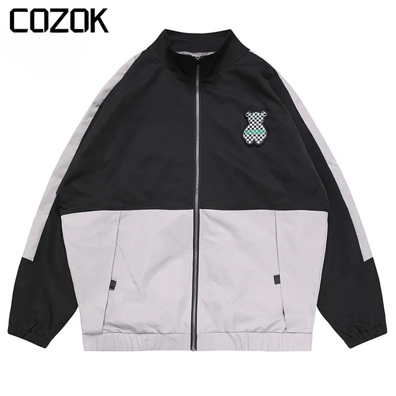 

Spring Korean Patchwork Varsity Jacket Men Bear Letter Embroidery Sport Jackets Loose Vintage Casual Windbreak Coat Unisex 2023