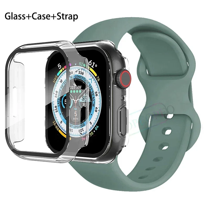 Premium Silicone Apple Watch Band with Glass Case and Strap - Compatible with All Series