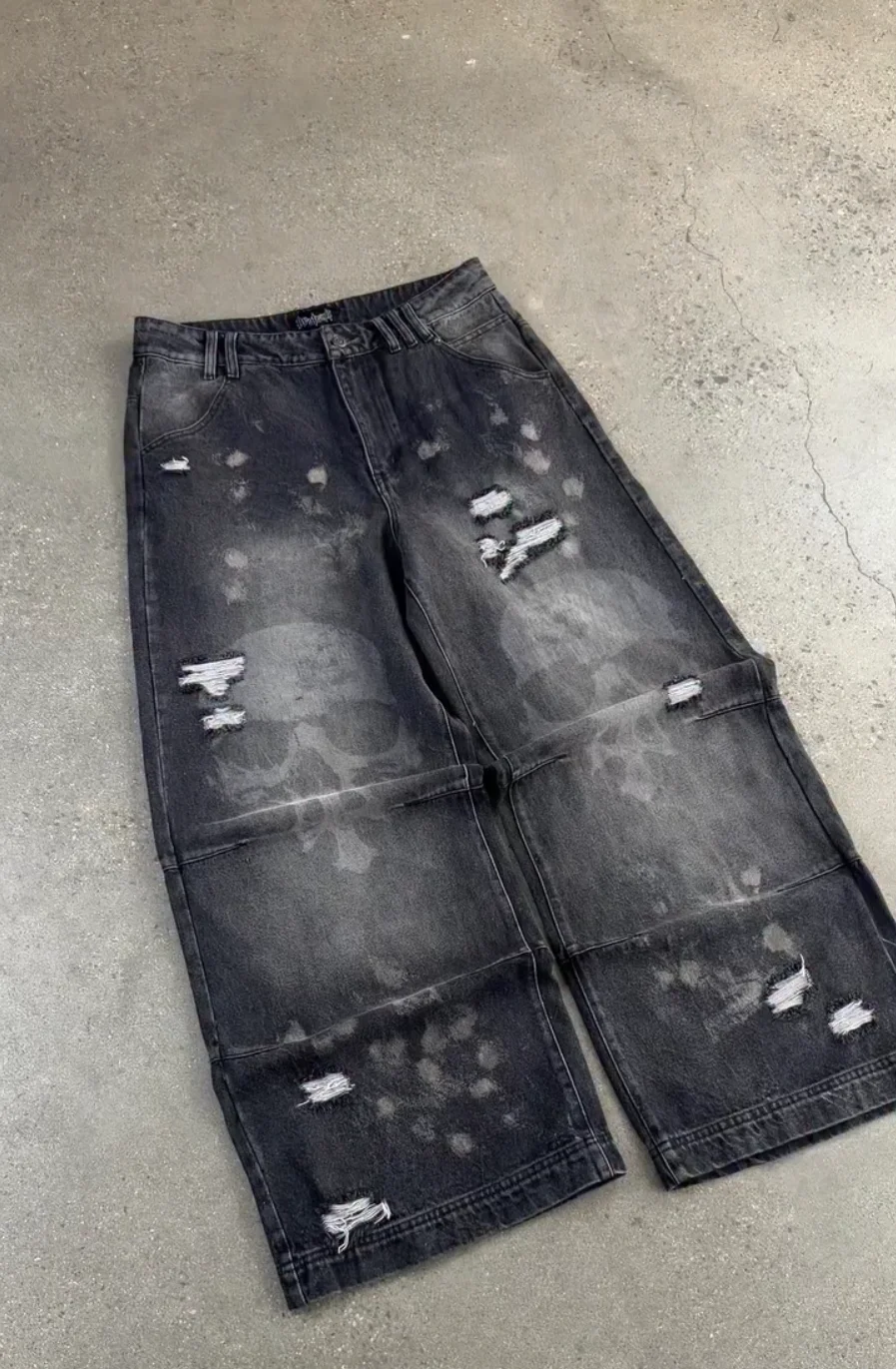 Jean baggy gothique Y2K pour femme, noir délavé, taille haute, déchiré, coupe large, pantalon oversize, jean déchiré Y2K