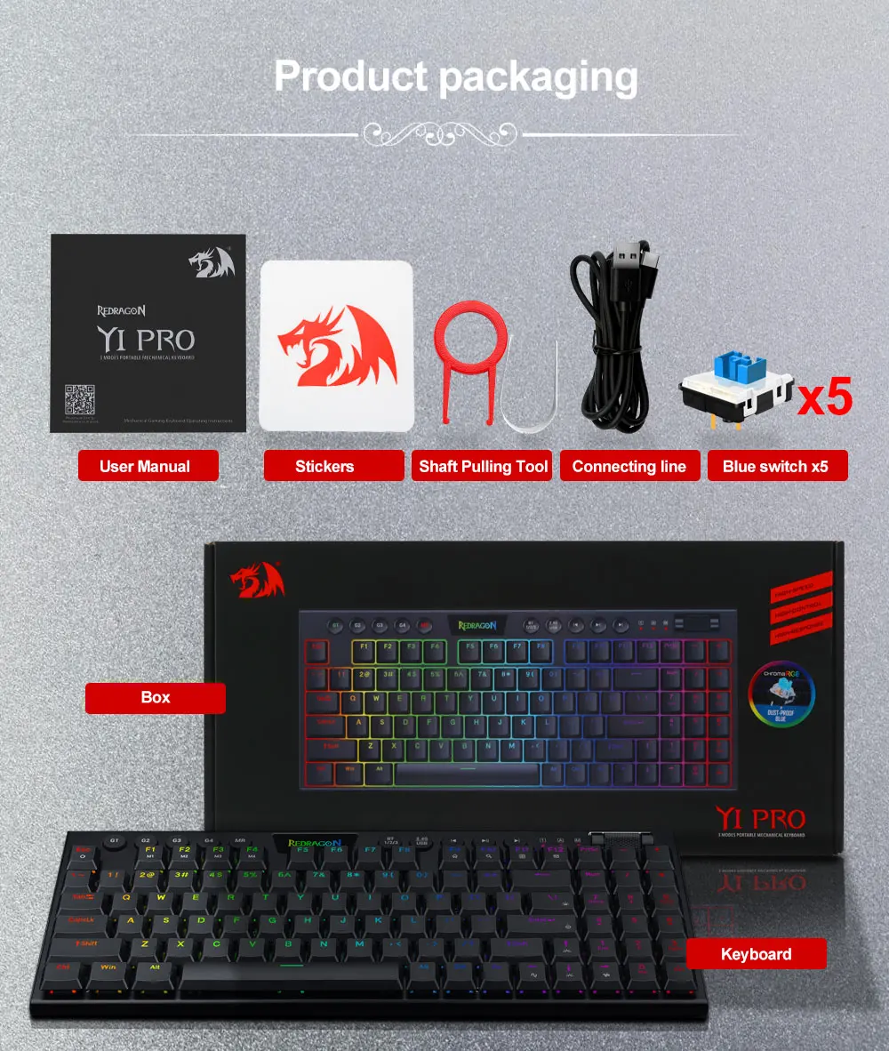 Redragon Yi K625P KB RGB USB Mini Slim Ultra-Thin Designed Wired Mechanical Gaming Keyboard Red Switch 94 Keys
