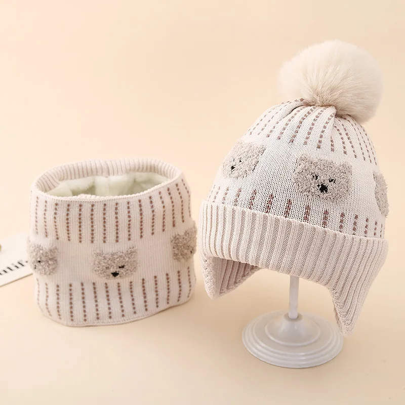 Winter Boys' Cartoon Jacquard Little Bear Knitted Hat Scarf Two Piece Set Children's Warm Velvet Ear Protection Hat