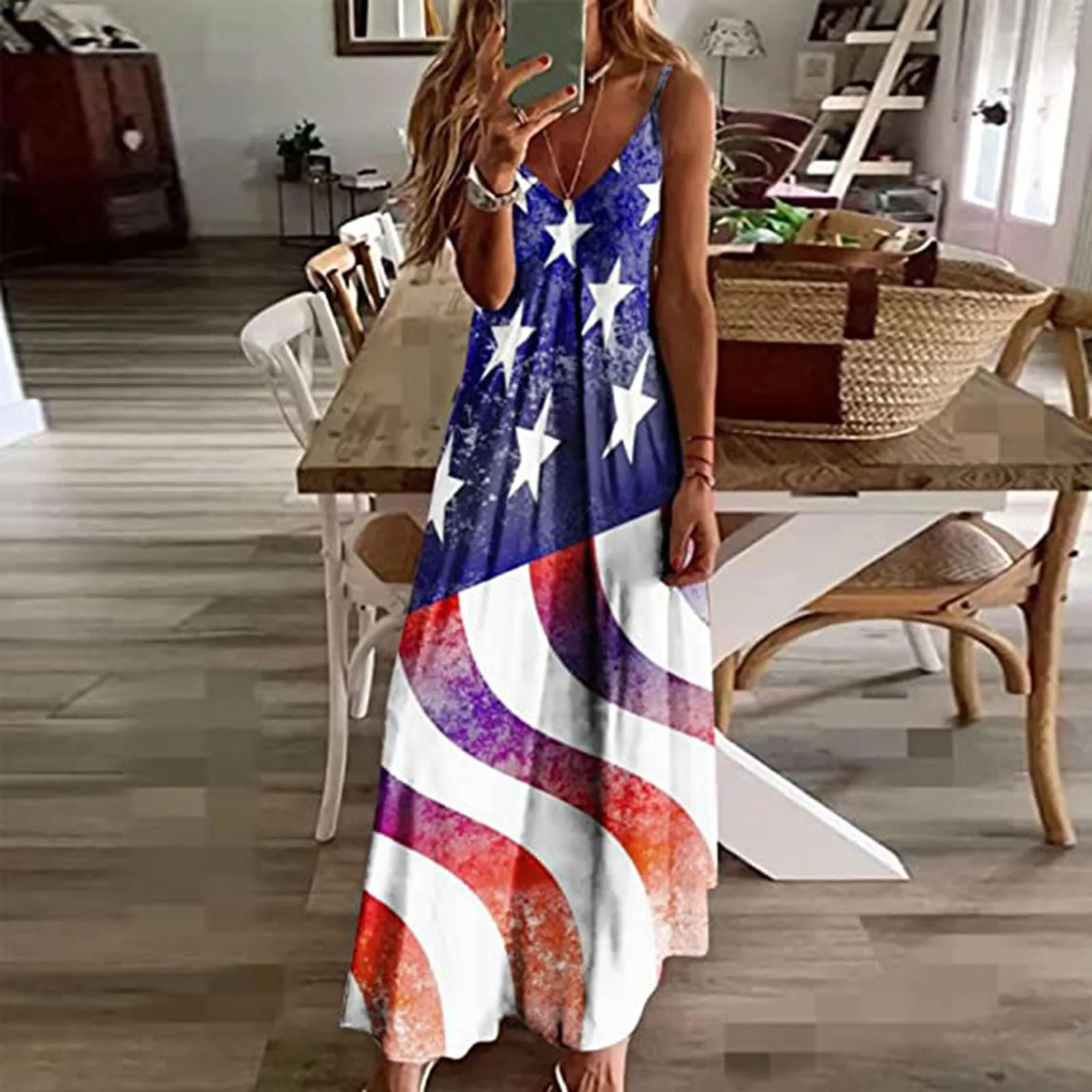 

Independence Day Women Summer Maxi Dress Casual Sexy Sleeveless V Neck Long Dress American Flag Print Dress Holiday Beach Dress