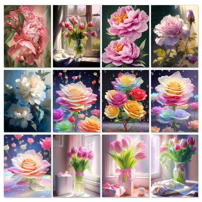 GATYZTORY Frame Paint By Numbers For Adults Pink Flowers DIY Pictures By Numbers HandPainted Oil Painting Home Wall Decor Gift