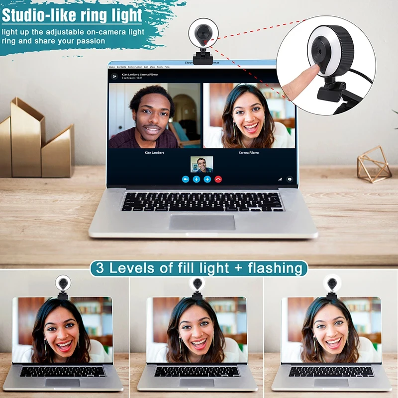 Portable Full HD 1080P 2K 4K Webcam PC Laptop Auto Focus Webcam Live Streaming Flexible with Microphone Live Broadcast with Light