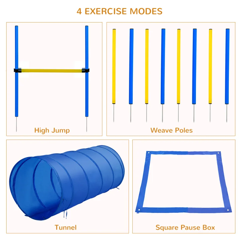 4PC Obstacle Dog Agility Training Course with Jump Hurdle, Tunnel, Pause Box, Weave Poles and Carrying Bag,Competitive Equipment
