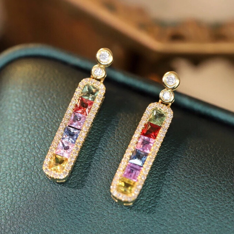 Aazuo 100% 18K White Gold Yellow Gold Natural Sappires Real Diamond Long Drop Earrings Gifted For Women Engagement Wedding Party