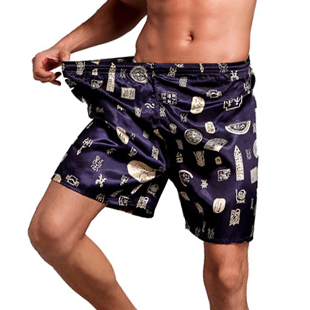 men silk satin pajamas elastic waist shorts nightwear pocket pants bottoms comfortable breathable nightwear home shorts for male Mens Silk Satin Shorts Pajamas Sleep Bottoms Printed Short Pants Nightwear Sleepwear Nightwear Loose Boxer Home Underpants