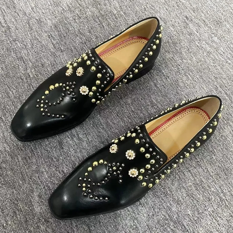 LOUBUTEN Black Genuine Leather Shoes Men Luxury Beaded Rivets