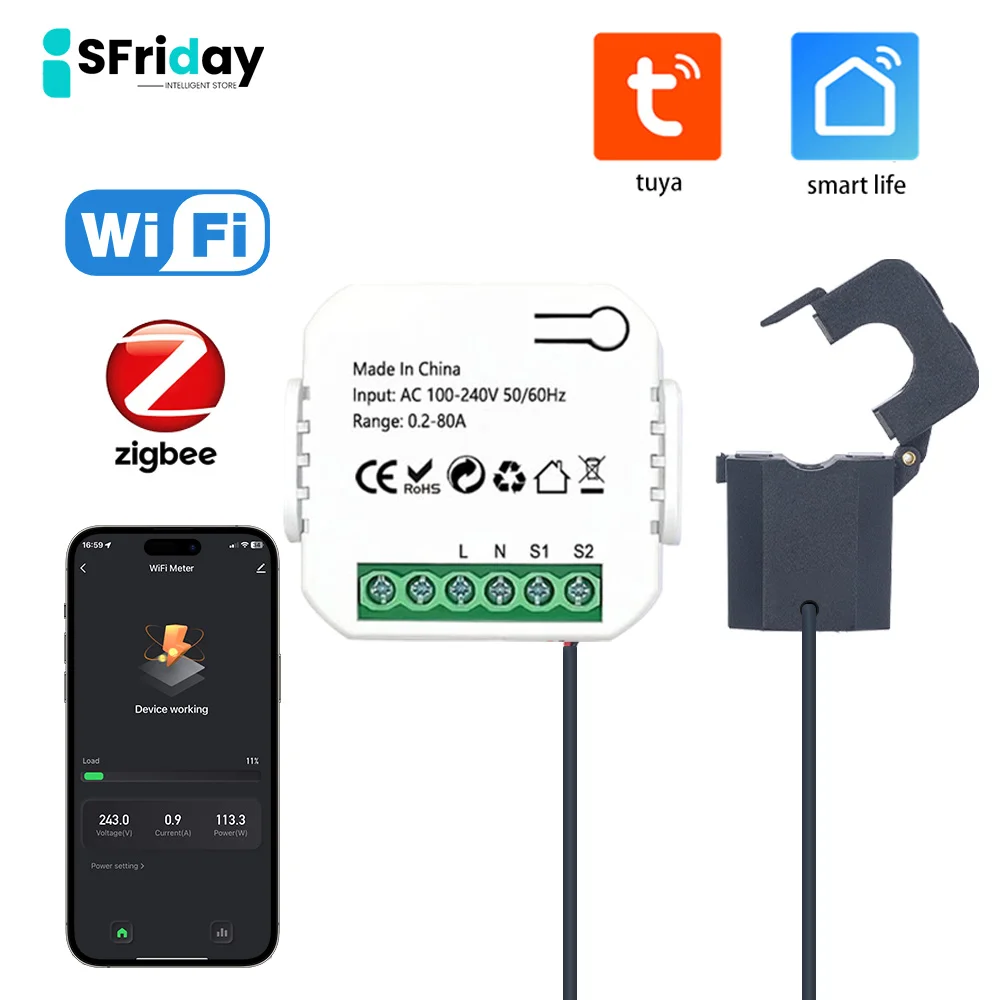 80A WiFi Zigbee Smart Energy Meter With Current Sensor Clamp Power
