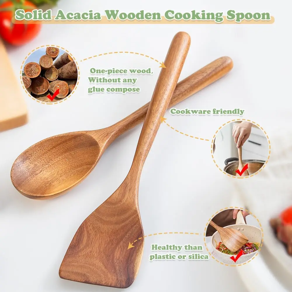 2-Piece Wooden Cooking Spoon Set, Acacia Wood Utensils for Frying, Mixing & Non-Stick Cookware 3