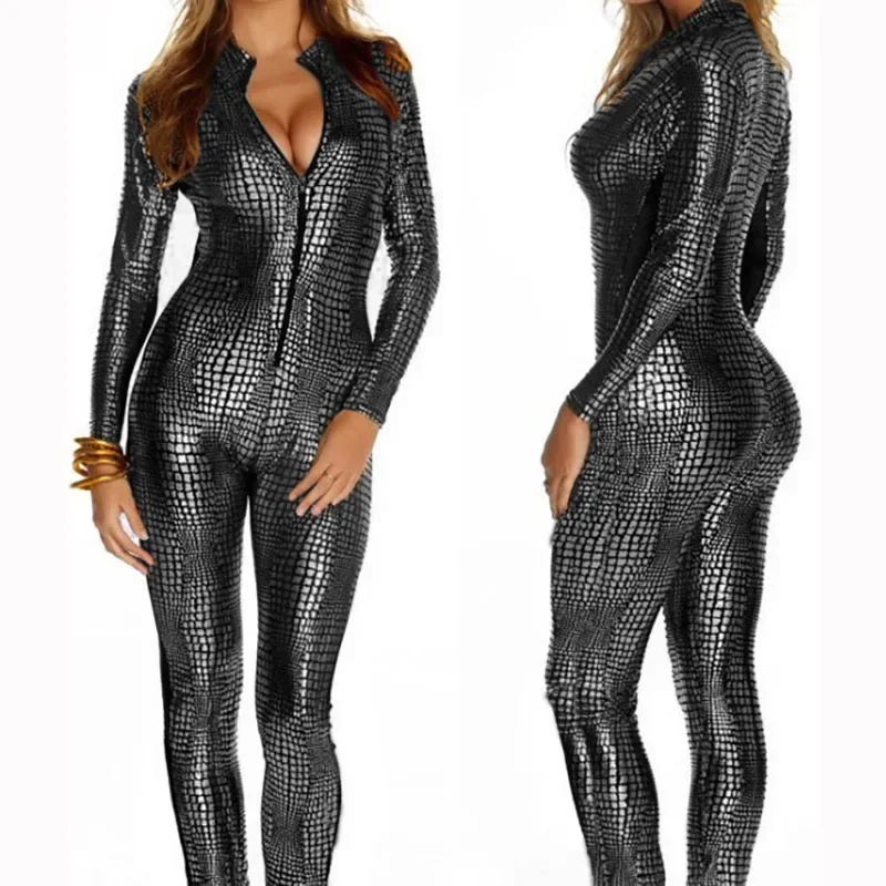 

Sexy Women Patent Leather Jumpsuits Snake Skin Costumes Front Zipper Open Crotch Catsuit Stretch Bodystocking Erotic Bodysuit