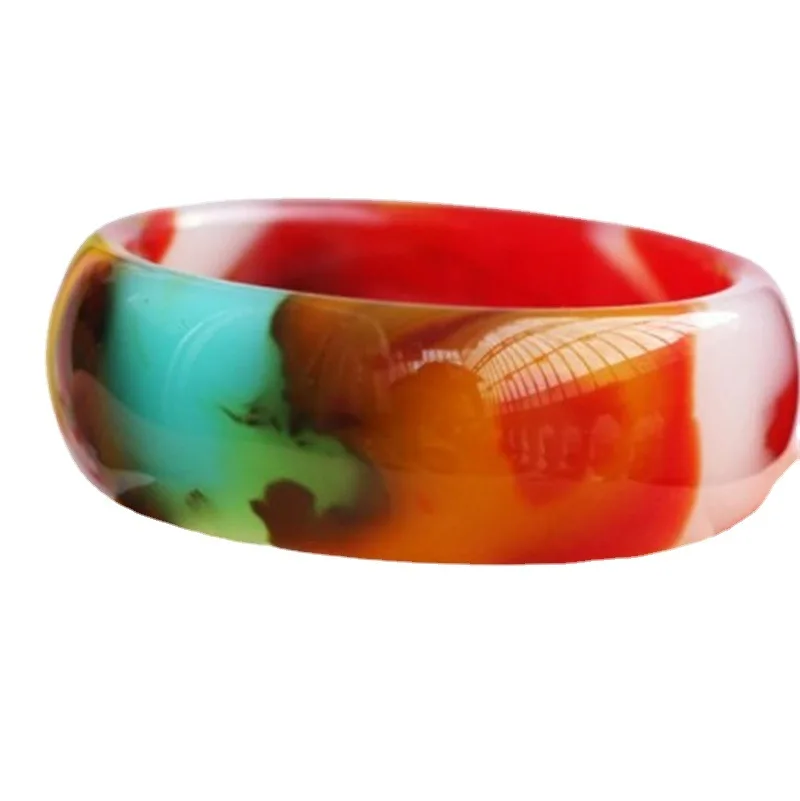 Natural Xinjiang Hotan Jade Floating Flower Gobi Colorful Jade Widened Bracelet Women's Fashion Bracelet