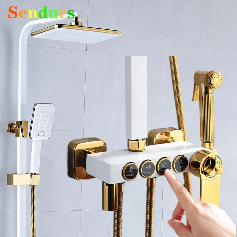 Thermostatic ห้องน้ําระบบก๊อกน้ําสีดําทองเหลืองอ่างอาบน้ํา Water TAP Rain Shower HEAD ร้อนเย็นห้องน้ําชุด 1