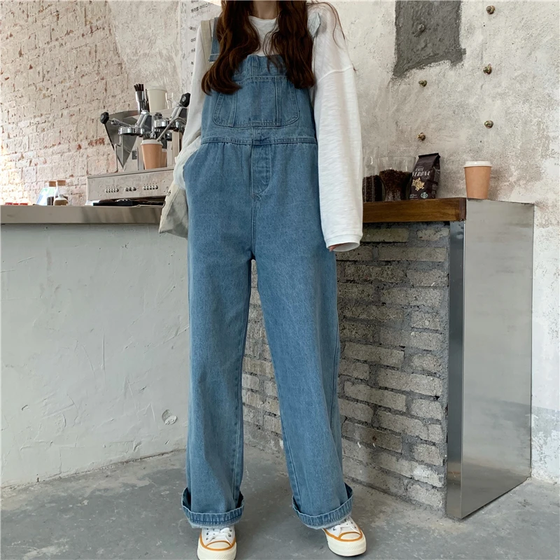 Summer denim work clothes Female denim jumpsuit Korean-style loose straight wide leg jeans suspenders leather pants Jeans