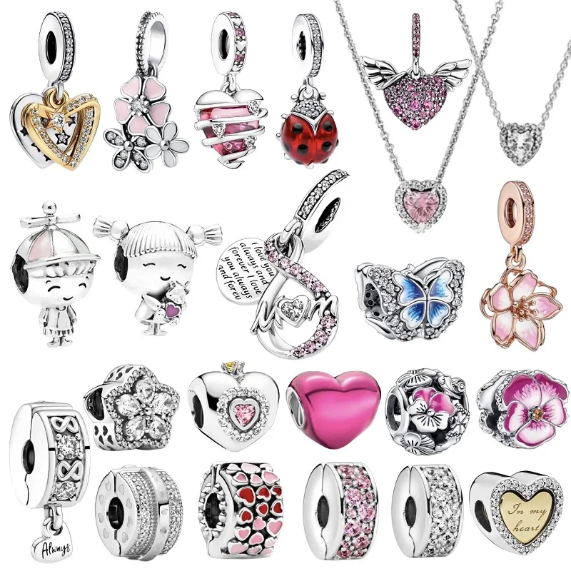 925 Sterling Silver Sweet cute boy Girl Love Pink heart Robot DIY beads fit snake bone charm bracelet feminine jewelry gifts silver jewelry