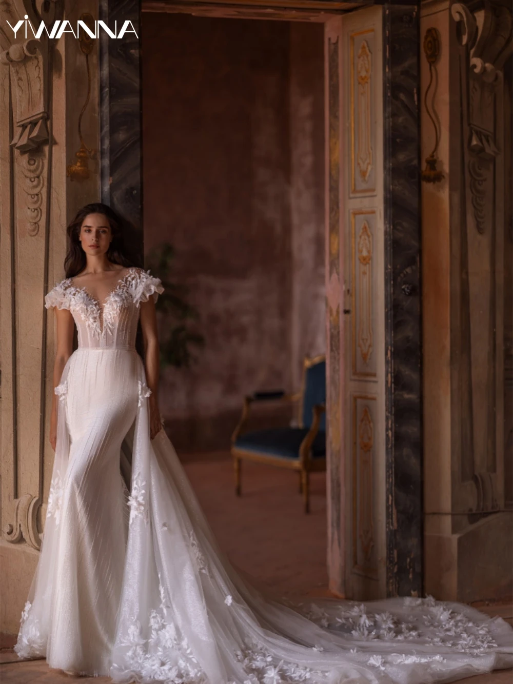 

Simple O-neck Short Sleeve Wedding Dress Classic Appliques Bride Robe Sparkly Sequins Glitter A-line Bridal Gown Robe De Mariée