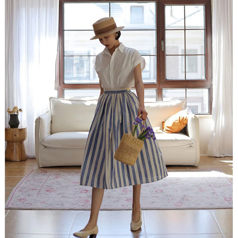 Women High Rise Blue Striped Vintage Midi Skirt 2023 Summer New In Swing  Skirt - AliExpress