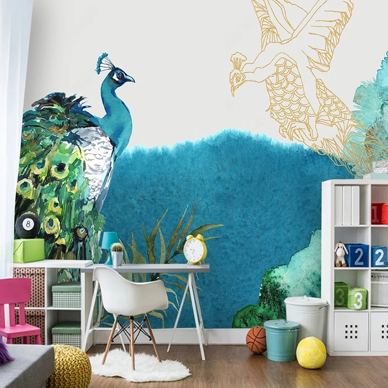 Custom Any Size Nordic Creative Watercolor Peacock Leaves Fresco TV Background Wall Mural Wallpaper For Bedroom Papel De Parede custom any size nordic creative watercolor peacock leaves fresco tv background wall mural wallpaper for bedroom papel de parede