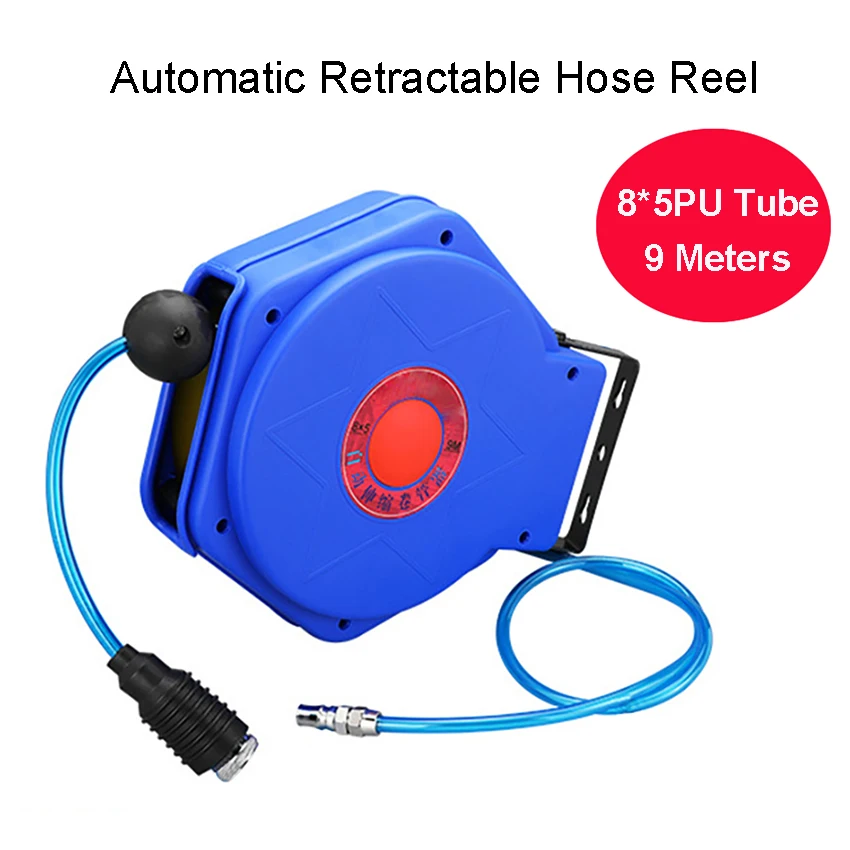 9M Automotive Mini Air Hose Reel Pneumatic PU Tube OD 8MM ID 5MM Automatic Retractable Reel Telescopic Drum Hose PU8*5
