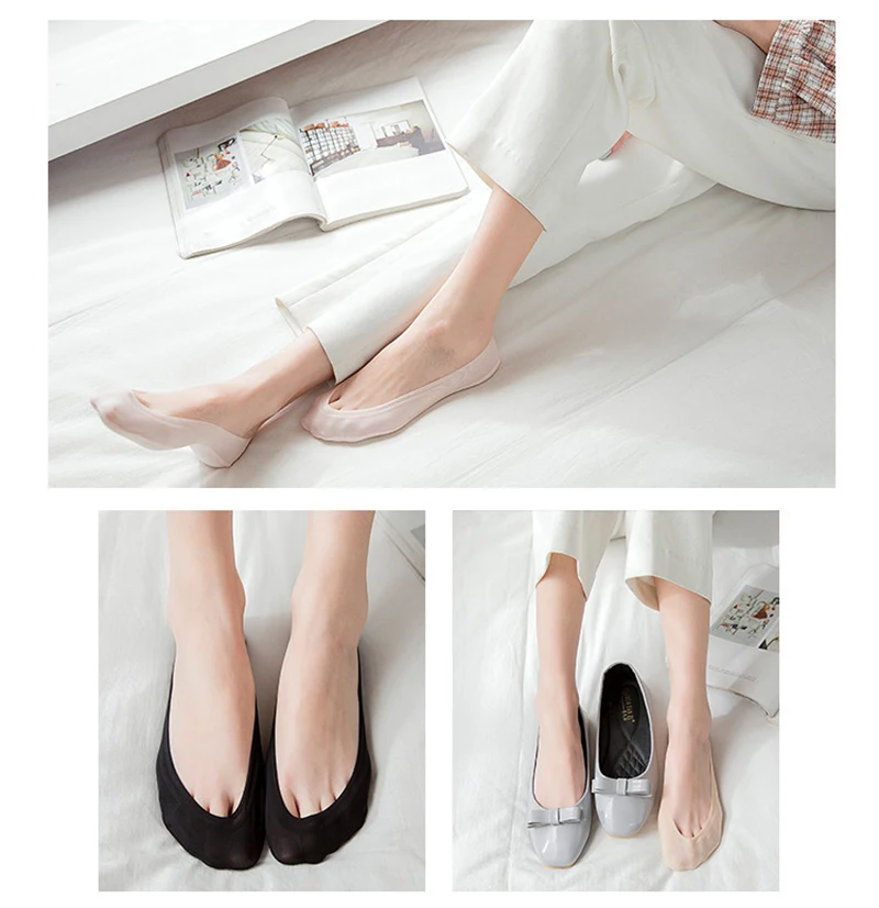 Description Picture 3 of item5pairs Silicone Anti-slip Invisible No Show Socks Summer Ultra-thin Breathable Sock Shoe Slippers Ice Silk Low Cut Boat Socks