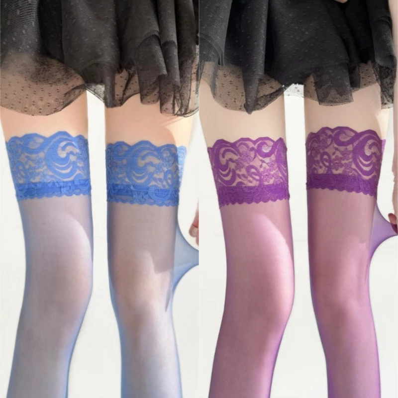 Women's Silicone Anti-slip Sexy Stockings Summer Ultra Thin Lace Trim Thigh High Socks Solid Color High Elastic Over Knee Socks