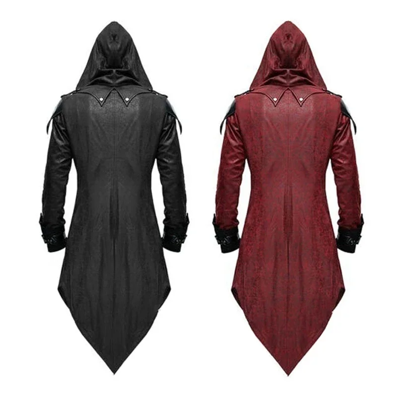 New Medieval Halloween Retro Patchwork Jacket Punk Gothic Tuxedo Trench Coat Folding Collar Hooded Leather Coat Assassin Costume