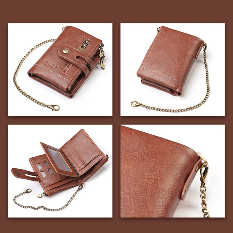 Chain Wallets for Men Leather Bifold Wallet Men Casual Purse Credit Card with Coin Pocket Business Travel Use