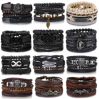 DAXI 3/4Pcs Set Infinite Symbol Leather Bracelet for Men Vintage Life Tree Guitar Wood Beads Fashion Male Bracelets Wristband