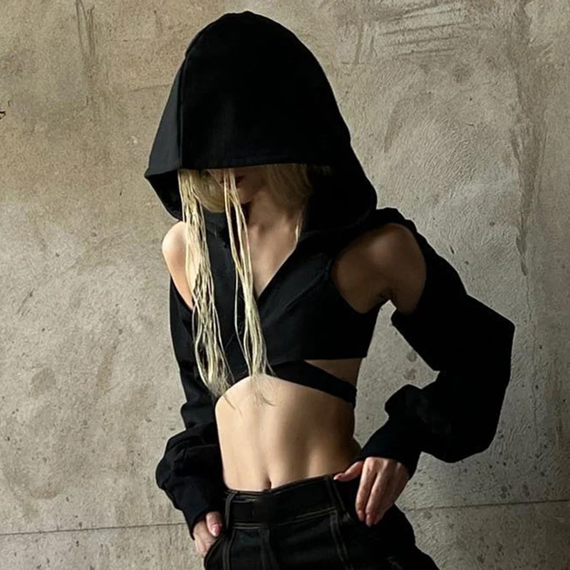 Goth Dark Streetwear Cut Out Mall Gothic Hoodies Grunge Punk Cross Buckle Hooded Crop Sweatshirts Y2k Techwear Fashion Black Top goth dark techwear fashion zip up midi dresses cyber y2k mall gothic split women tube dress partywear punk off shoulder outfits