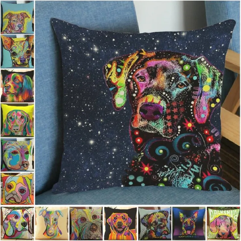 Cushion Cover Pop Art Painting Dog Printing Linen Throw  Pillows Cover Car Sofa Home Decorative Pillowcase decorativos cojines