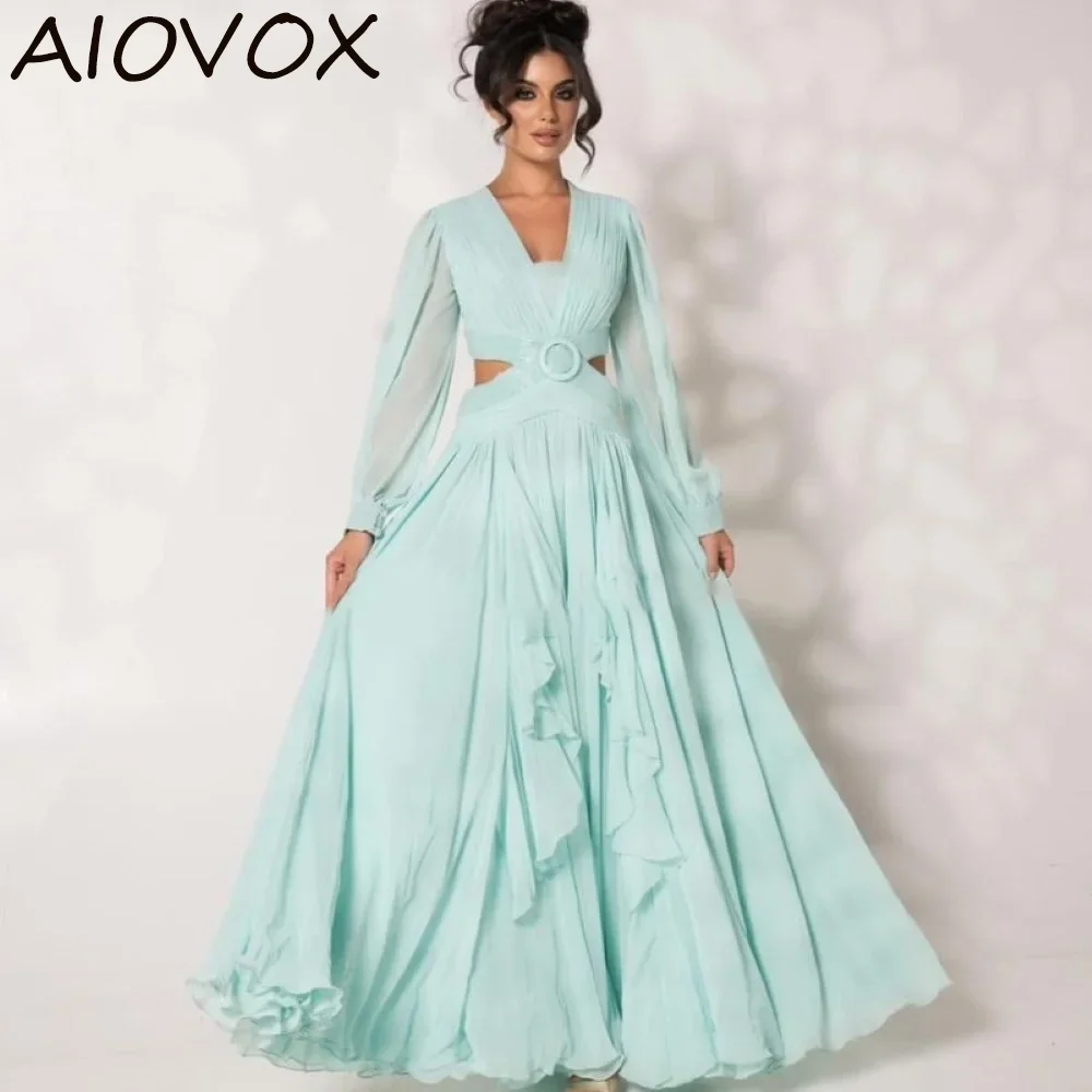 

Вечерние платья AIOVOX А-силуэта, простые изысканные платья до пола с V-образным вырезом, вырезами и длинными рукавами, со шнуровкой, многоярусным подолом, 2024