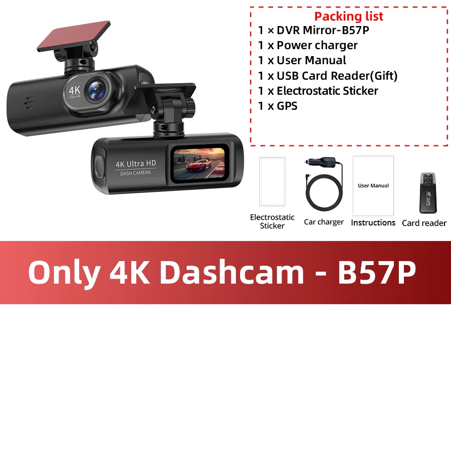 מצלמת רכב חכמה ACCEO B57P 4K עם תמיכה ב-WiFi, ראיית לילה ומצלמת ראיית אחורה ברזולוציה של 1080P עם חיבור קשיח למצב חניה במשך 24 שעות