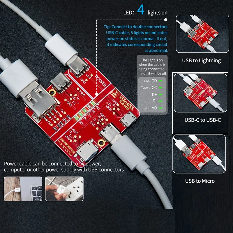 Qianli Quanli 메가 IDEA 케이블 감지 테스터 보드, USB 조명 C 타입 마이크로 USB V8 와이어 라인 테스트 도구, 전문가 확인