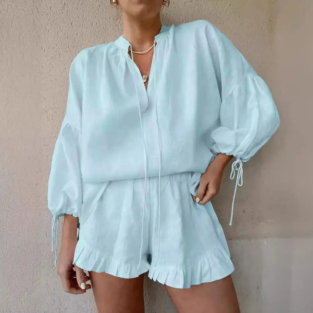 Women 2024 Summer Shorts Sets Solid Ruffle Short Pants V Neck Long Sleeve Drawstring Loose Tops Suit Casual Chic Tracksuit