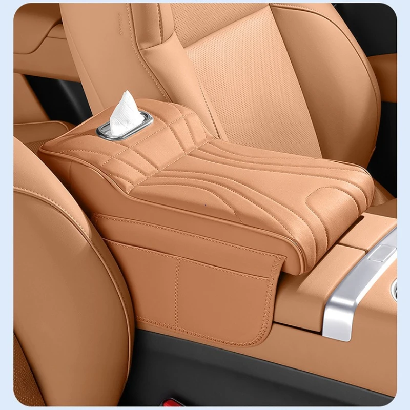 Car Armrest Box Height Increase Pad with Storage Bag and Leather Protective Cover