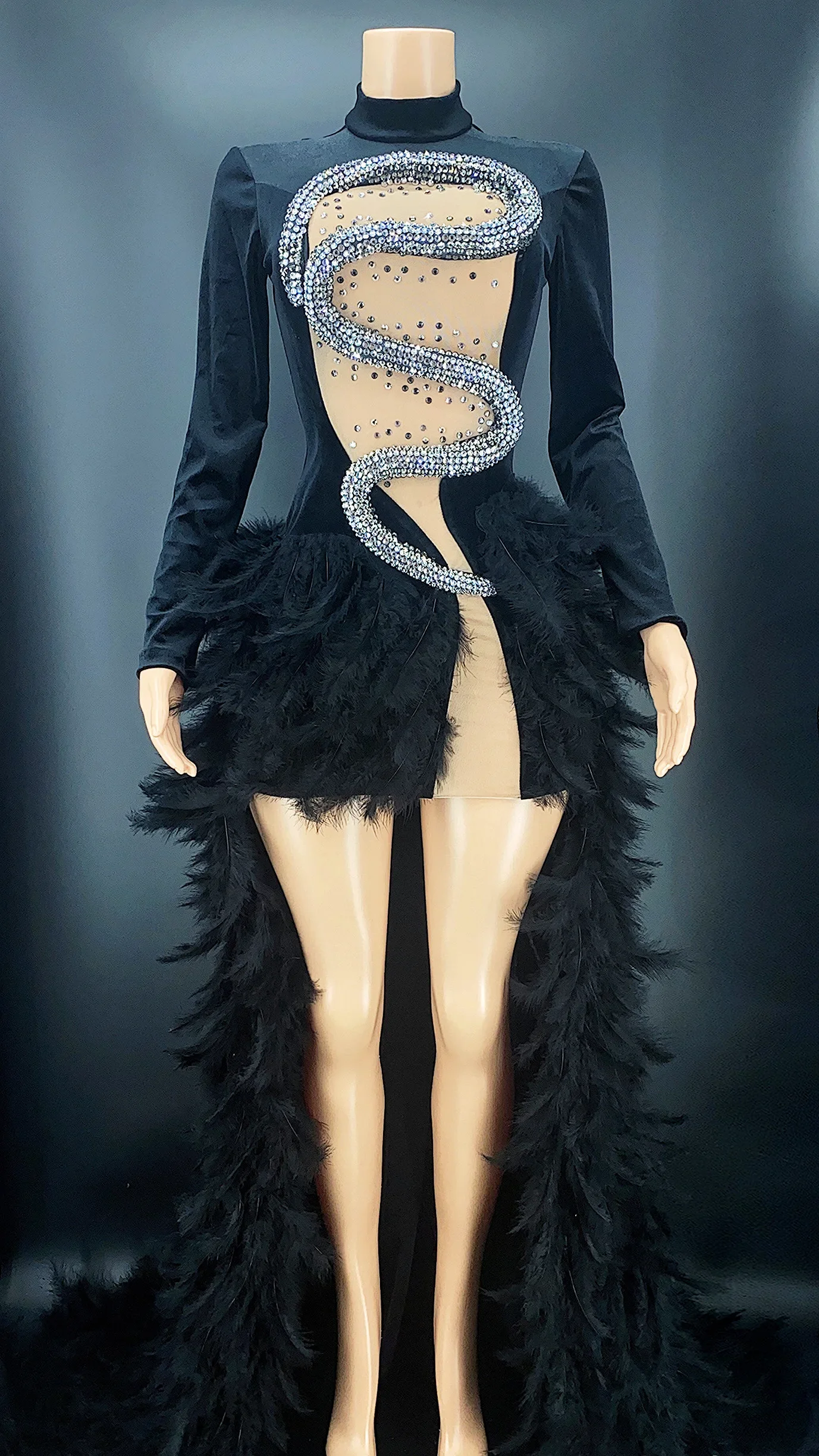 

Sparkly Rhinestones Feather Train Long Black Velvet Dress Evening Birthday Celebrate Party Dress Women Dancer Singer Stage Dress