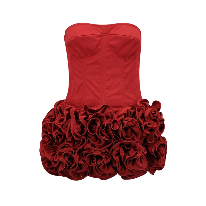 Conjunto de falda y top de tubo con flores 3D rojas navideñas para mujer, falda corta con estampado floral y vendaje ajustable, ideal para fiestas.