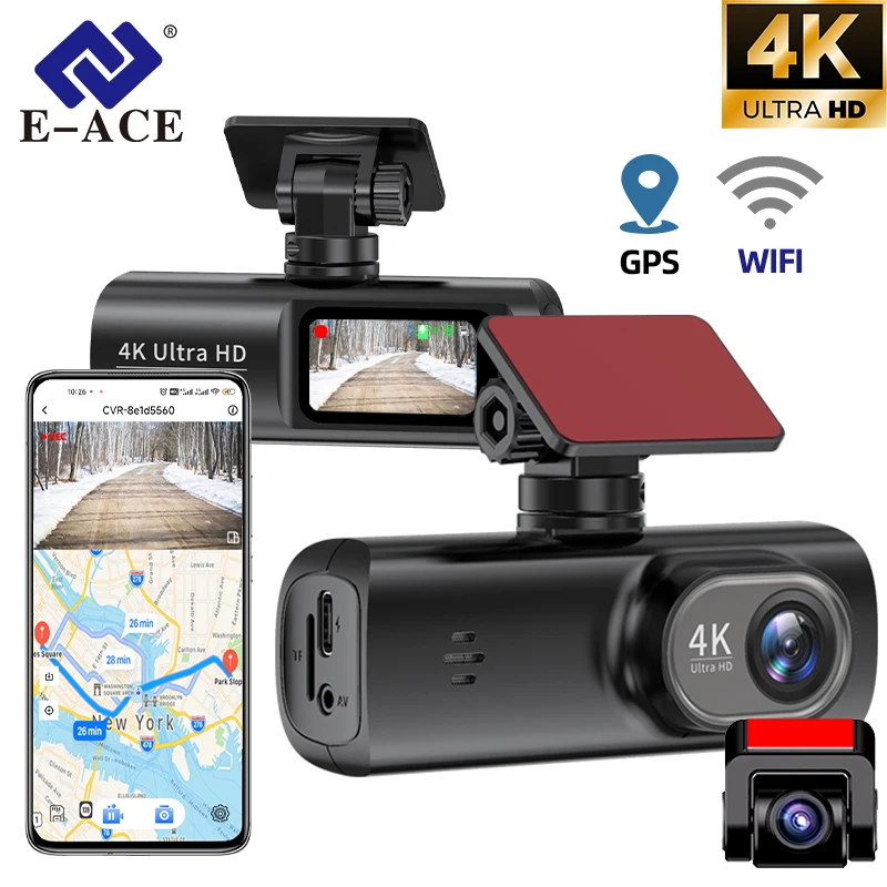 4K 대시캠 E-ACE 듀얼 렌즈 차량용 DVR 전후방 카메라 WiFi GPS 1080P 블랙박스 비디오 레코더 야간 시야 24시간 주차 모니터링