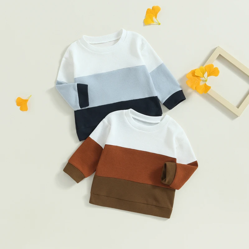 

От 0 до 4 лет Детские свитшоты для мальчиков контрастных цветов с длинным рукавом и круглым вырезом, пуловеры, вафельные свитшоты, осенняя повседневная одежда, топы