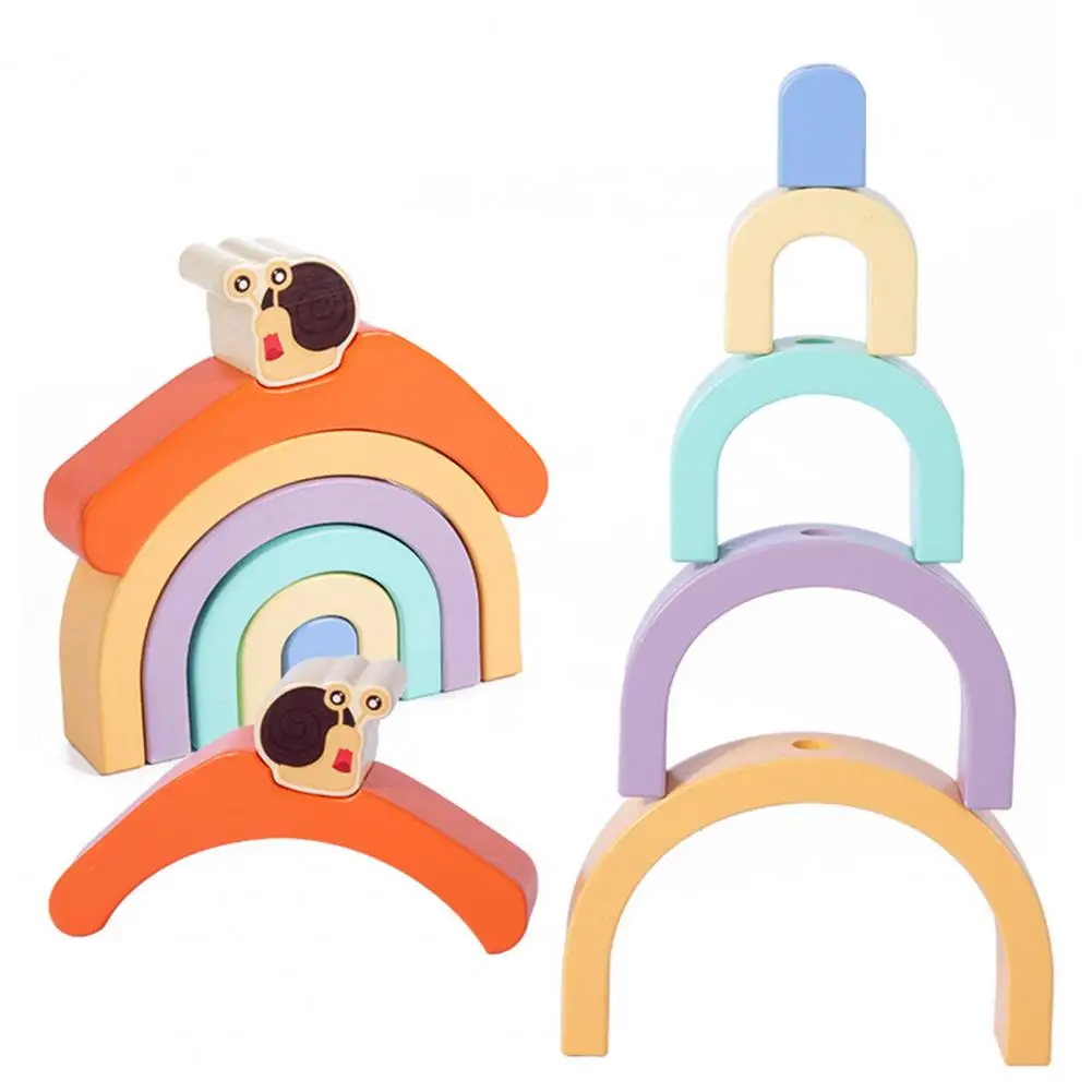 

1 Set Wooden Blocks Cartoon Early Education No Odor Children Rainbow Snail Drag Car Toy for Toddlers