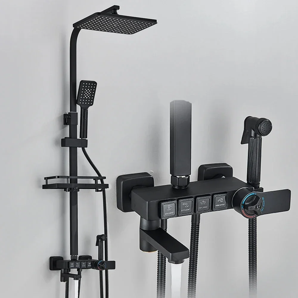 Bathroom Thermostatic Shower Faucet Set Wall Mounted Chrome Black Rainwater System Mixer Bathtub Bidet Crane