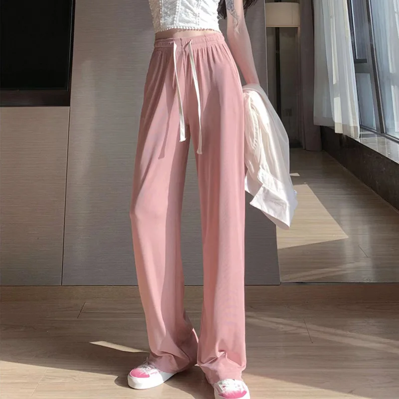 Women Long Pants Spring Summer Straight Long Elastic Waist Wide Leg women long trousers Casual Soft Knitted Pants