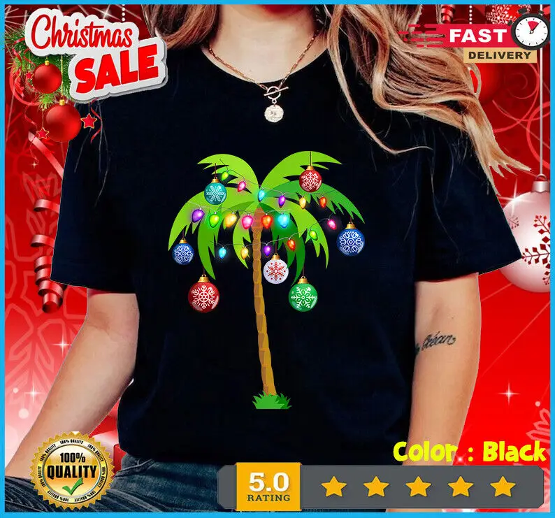 Christmas Lights Palm Tree Funny Hawaii Beach Tropical Xmas T-Shirt S-5Xl