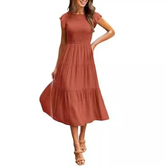 

Flying sleeve pleated layered short-sleeved big swing dress