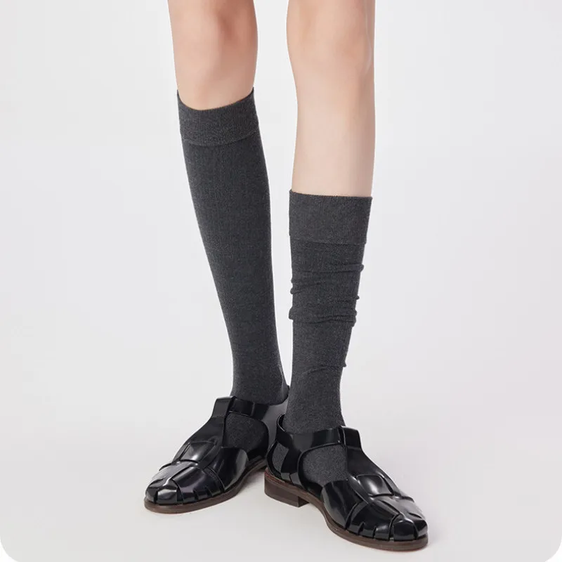 Autumn New Woolen Striped Long Knee High Socks Korean White Red Boneless Calf Socks Women Solid High Tube Slimming Stacked
