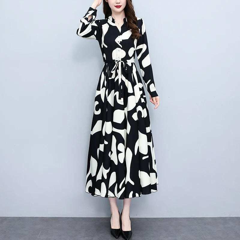 Autumn Lace-up Loose Long Sleeve Dress Korean Style V-Neck Contrast Color  Patchwork Office Lady Single-breasted Fashion Frock - AliExpress 200000345