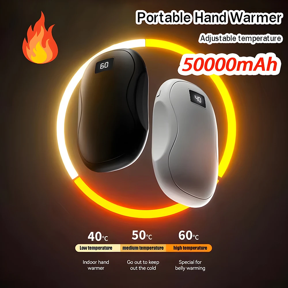 Portable Hand Warmer 50000mAh Large Capacity Electric Fast Heating Double Sided Warmth Battery Digital Display Winter