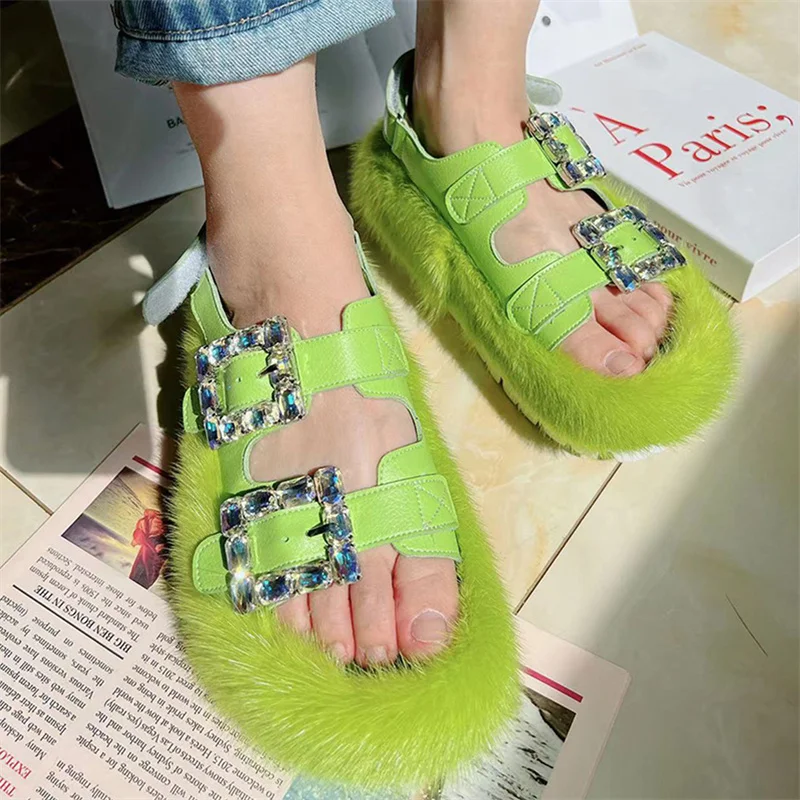 High Quality Furry Fur Sandals Winter Women's Casual Warmth Mink Fur Slippers Lace Up Rhinestone Home Sandals