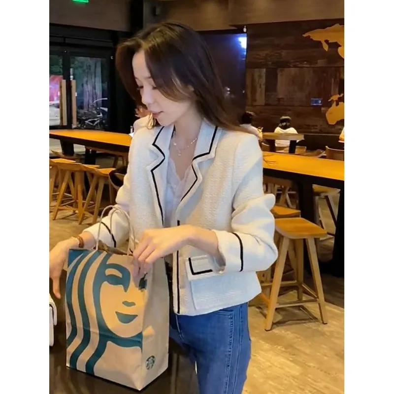 Tweed Blazer Spring Autumn Lattice Wool Jacket Women Coat Korean Chic Office Lady Short Jacket Nylon Knit Button Outerwear New